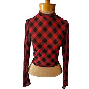 Y2K red black buffalo plaid mesh long sleeve crop top grunge alt fashion layer